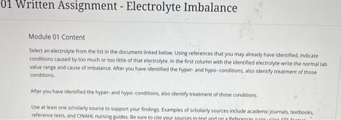 01 Written Assignment Electrolyte Imbalance Module 01 Content Select An Electrolyte From The List In The Document Link 1