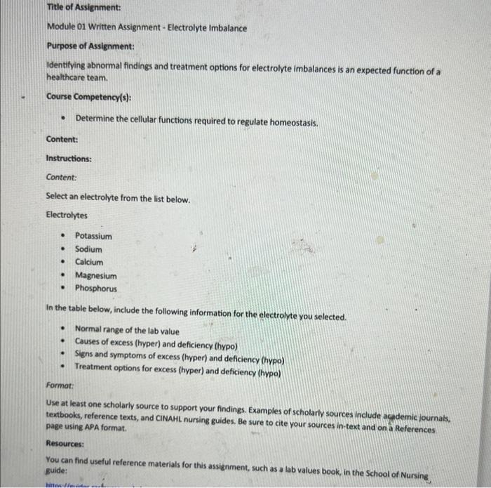 01 Written Assignment Electrolyte Imbalance Module 01 Content Select An Electrolyte From The List In The Document Link 2