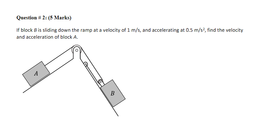 Question 2 5 Marks If Block B Is Sliding Down The Ramp At A Velocity Of 1 M S And Accelerating At 0 5 M S2 Find T 1