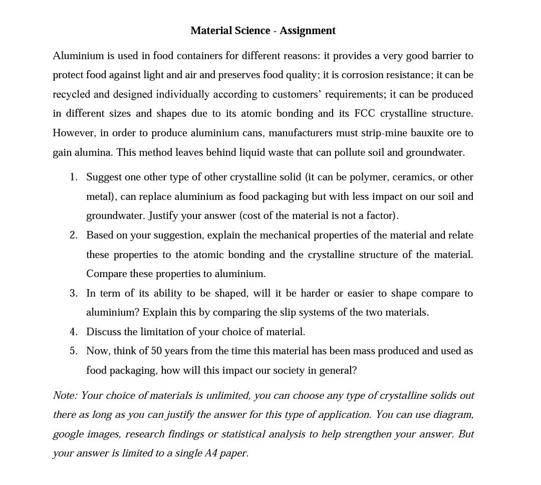 Material Science Assignment Aluminium Is Used In Food Containers For Different Reasons It Provides A Very Good Barrie 1