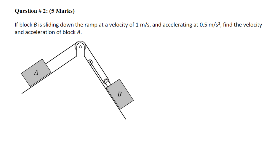 Question 2 5 Marks If Block B Is Sliding Down The Ramp At A Velocity Of 1 M S And Accelerating At 0 5 M S2 Find Th 1