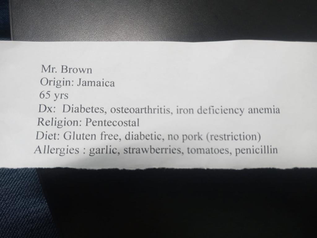 Mr Brown Origin Jamaica 65 Yrs Dx Diabetes Osteoarthritis Iron Deficiency Anemia Religion Pentecostal Diet Gluten 1