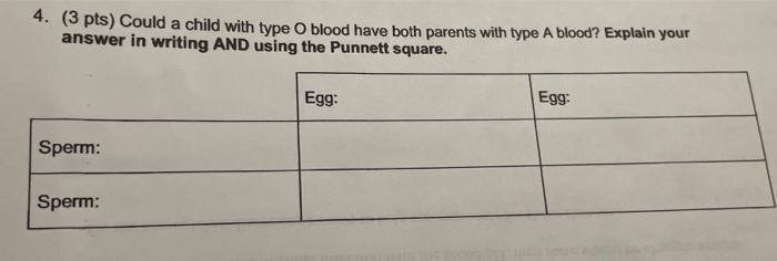 2 3 Pts Could A Man With Type Ab Blood Be The Father Of A Child With Type O Blood In Writing And Using The Punnett S 2