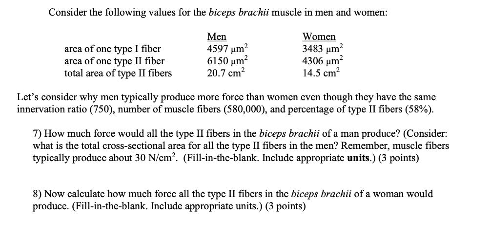 Consider The Following Values For The Biceps Brachii Muscle In Men And Women Area Of One Type I Fiber Area Of One Type 1