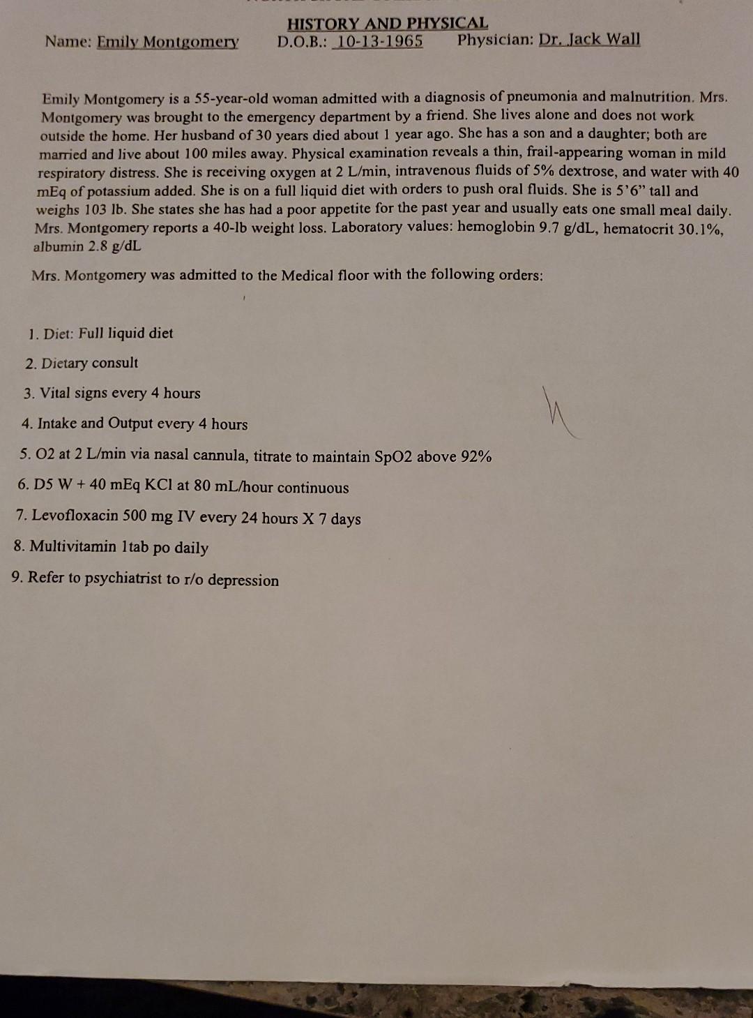 Patient Name Emily Montgomery Occupation Retired Sex At Birth Female Admit From Home Allergy Nka Primary Payer Bcb 2