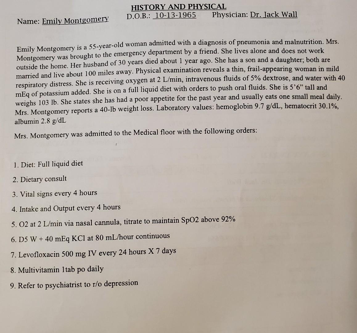 Patient Name Emily Montgomery Occupation Retired Sex At Birth Female Admit From Home Allergy Nka Primary Payer Bcb 3