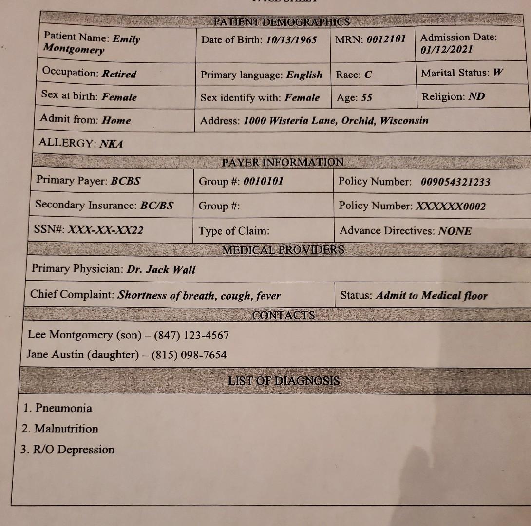Patient Name Emily Montgomery Occupation Retired Sex At Birth Female Admit From Home Allergy Nka Primary Payer Bcb 4