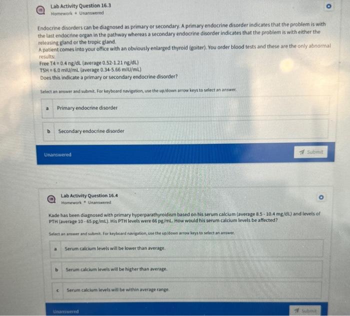 Lab Activity Question 16 3 Homework Unanswered Endocrine Disorders Can Be Diagnosed As Primary Or Secondary A Primary E 1