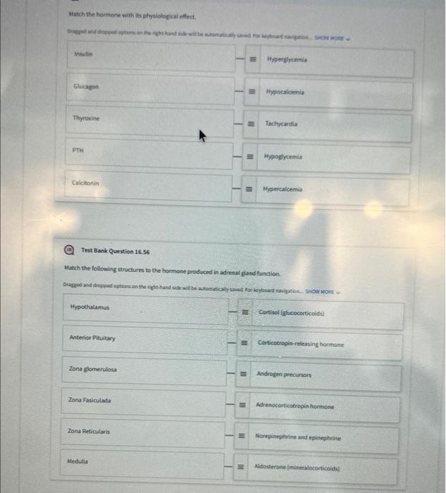 Match The Hormone With Its Physiological Effect Digged And Dropped Options On T Insulin Glucagon Thyroxine Pth Calciton 1