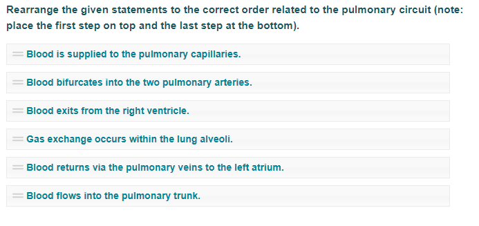 Rearrange The Given Statements To The Correct Order Related To The Pulmonary Circuit Note Place The First Step On Top 1