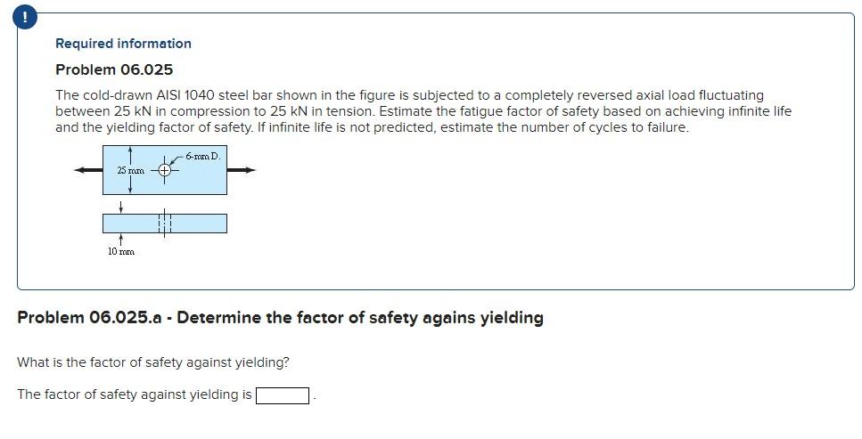 Required Information Problem 06 025 The Cold Drawn Aisi 1040 Steel Bar Shown In The Figure Is Subjected To A Completel 1