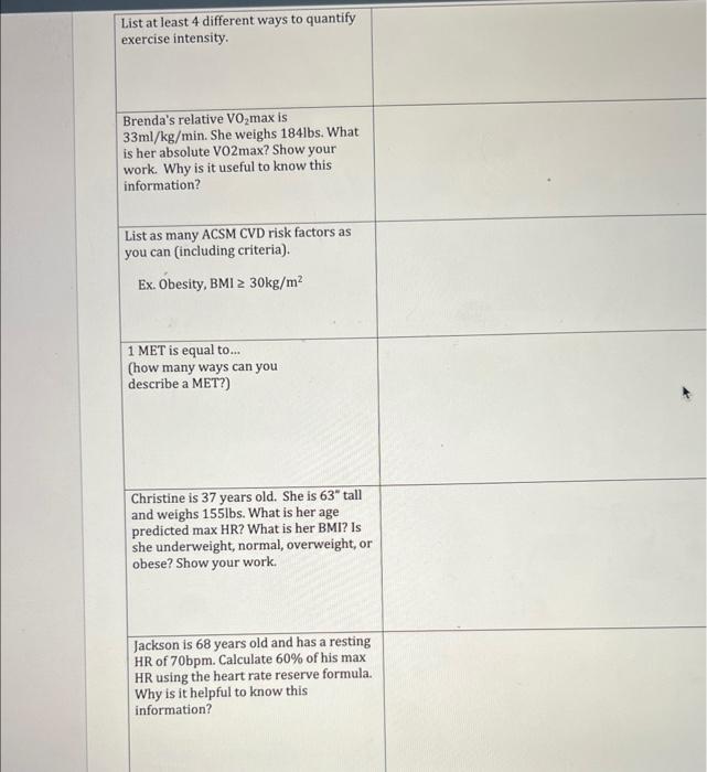 List At Least 4 Different Ways To Quantify Exercise Intensity Brenda S Relative Vo Max Is 33ml Kg Min She Weighs 184lb 1