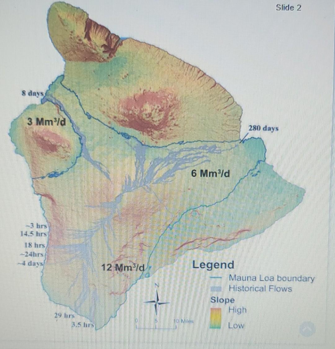 8 Days 3 Mm D 18 Hrs 29 Hrs 3 5 Hrs 12 Mm D 6 Mm D Legend Dones Slope Slide 2 Mauna Loa Boundary Historical Flows Hi 1
