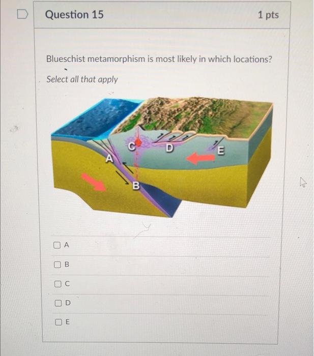 Question 15 Blueschist Metamorphism Is Most Likely In Which Locations Select All That Apply 2 A B C U O Oe A B 1 Pts E 1