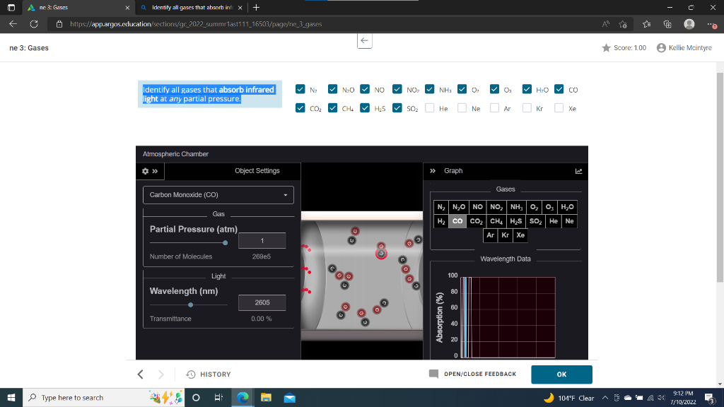 D A Ne 3 Gases C Ne 3 Gases E Q Identify All Gases That Absorb Inf X Https App Argos Education Sections Gc 2022 Sum 1