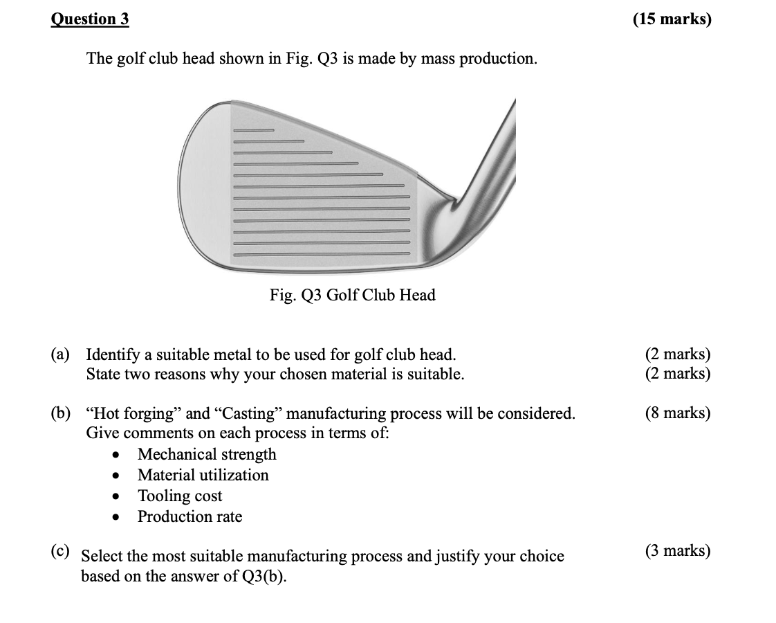 Question 3 15 Marks The Golf Club Head Shown In Fig Q3 Is Made By Mass Production Fig Q3 Golf Club Head A Identif 1