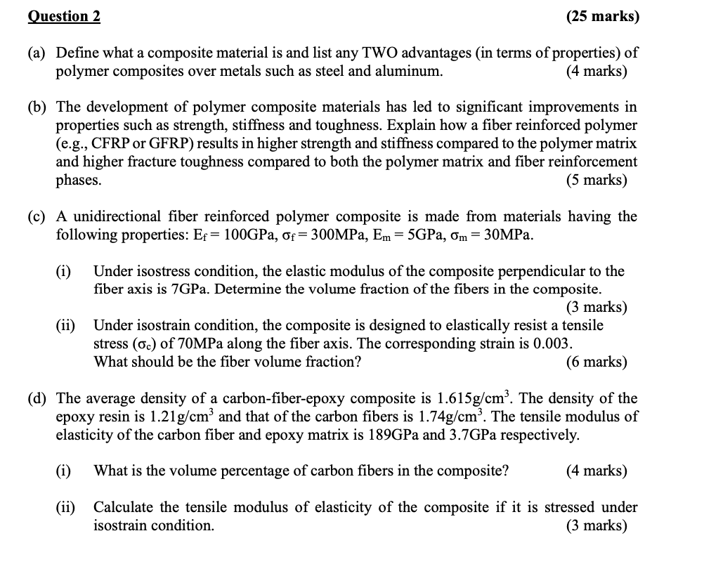 Question 2 25 Marks A Define What A Composite Material Is And List Any Two Advantages In Terms Of Properties Of Po 1