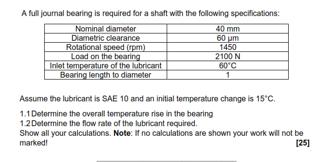 60 Um A Full Journal Bearing Is Required For A Shaft With The Following Specifications Nominal Diameter 40 Mm Diametric 1