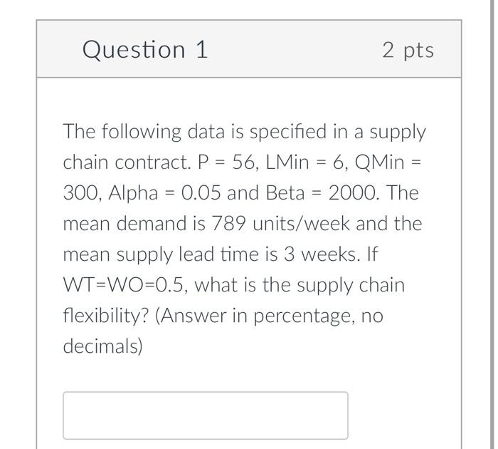 Question 1 2 Pts The Following Data Is Specified In A Supply Chain Contract P 56 Lmin 6 Qmin 300 Alpha 0 05 A 1