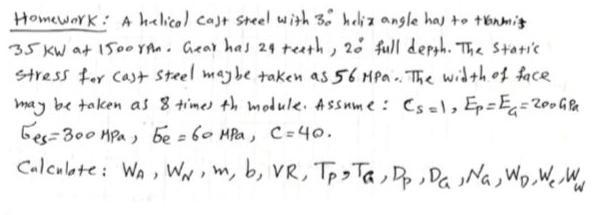 Homework A Helical Cast Steel With A Heliz Angle Has To Tronmis 35 Kw At 1500ran Gear Has 24 Teeth 20 Full Depth The 1