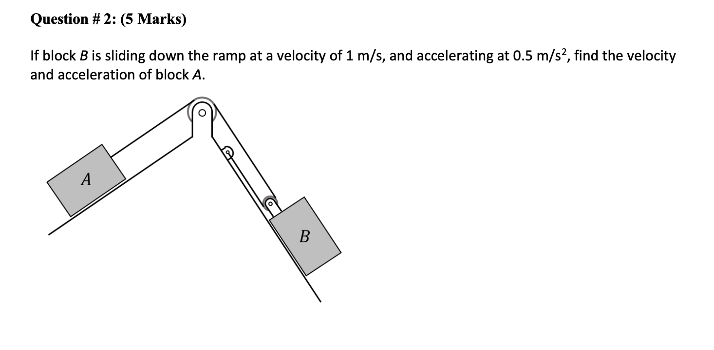 Question 2 5 Marks If Block B Is Sliding Down The Ramp At A Velocity Of 1 M S And Accelerating At 0 5 M S2 Find Th 1