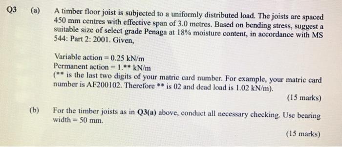 Q3 A A Timber Floor Joist Is Subjected To A Uniformly Distributed Load The Joists Are Spaced 450 Mm Centres With Effe 2