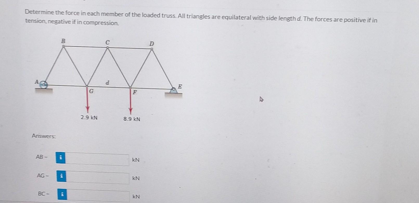 Determine The Force In Each Member Of The Loaded Truss All Triangles Are Equilateral With Side Length D The Forces Are 1