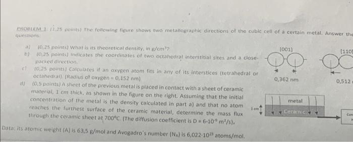 Problemi 1 25 Points The Following Figure Shows Two Metallographic Directions Of The Cubic Cell Of A Certain Metal An 1