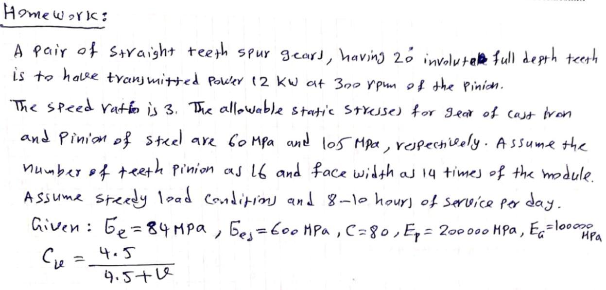Homework A Pair Of Straight Teeth Spur Gears Having 26 Involutel Full Depth Teeth Is To Have Transmitted Power 12 Kw A 1
