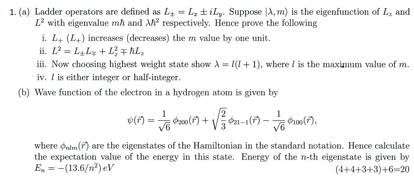 1 A Ladder Operators Are Defined As L Latily Suppose A M Is The Eigenfunction Of L And L2 With Eigenvalue Mh And 1