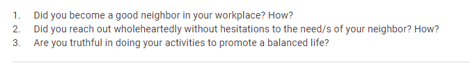 1 Did You Become A Good Neighbor In Your Workplace How 2 Did You Reach Out Wholeheartedly Without Hesitations To The 1