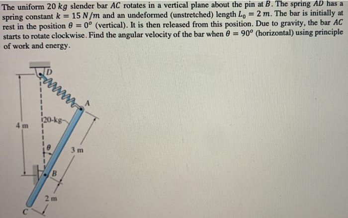 A The Uniform 20 Kg Slender Bar Ac Rotates In A Vertical Plane About The Pin At B The Spring Ad Has A Spring Consta 1