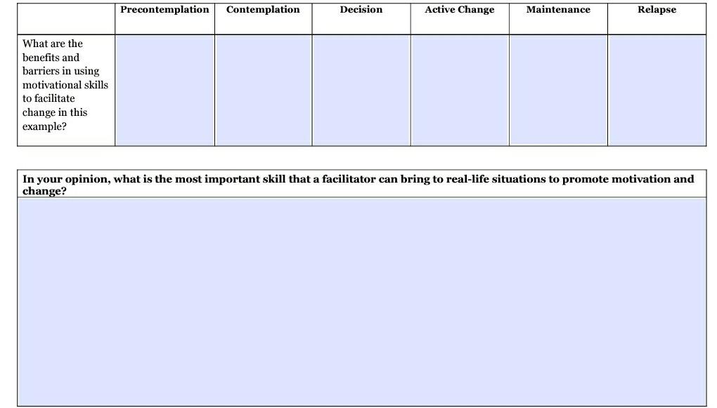 What Are The Benefits And Barriers In Using Motivational Skills To Facilitate Change In This Example Precontemplation C 1