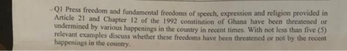 Q1 Press Freedom And Fundamental Freedoms Of Speech Expression And Religion Provided In Article 21 And Chapter 12 Of T 1