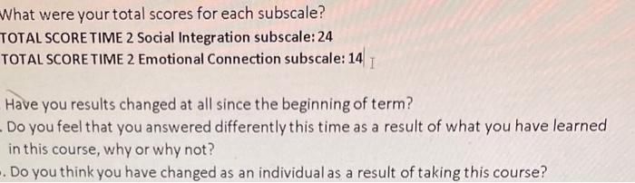 What Were Your Total Scores For Each Subscale Total Score Time 2 Social Integration Subscale 24 Total Score Time 2 Emo 1