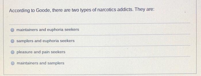 According To Goode There Are Two Types Of Narcotics Addicts They Are Maintainers And Euphoria Seekers Samplers And Eu 1
