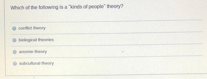 Which Of The Following Is A Kinds Of People Theory Conflict Theory Biological Theories Anomie Theory Subcultural Theo 1