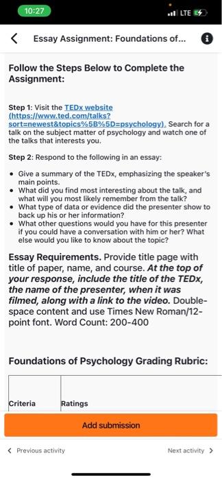10 27 Essay Assignment Foundations Of Follow The Steps Below To Complete The Assignment Step 1 Visit The Tedx W 1