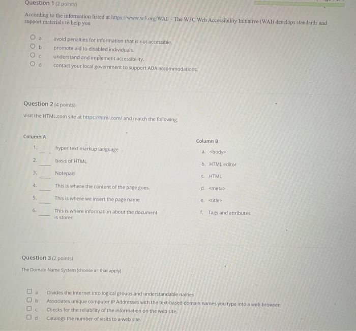Question 1 2 Points According To The Information Listed At Https Www W3 Org Wai The W3c Web Accessibility Initiati 1