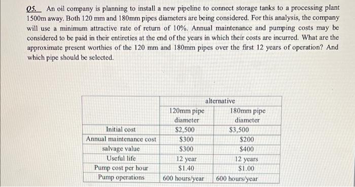 Q5 An Oil Company Is Planning To Install A New Pipeline To Connect Storage Tanks To A Processing Plant 1500m Away Both 1