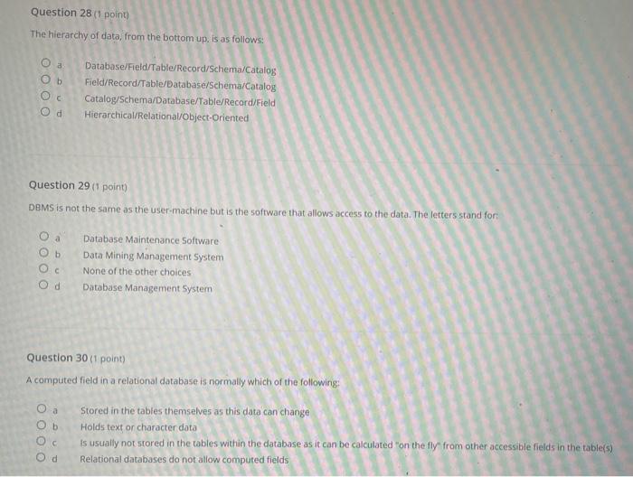 Question 28 1 Point The Hierarchy Of Data From The Bottom Up Is As Follows O A Database Field Table Record Schema C 1
