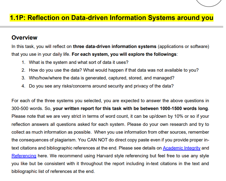 1 1p Reflection On Data Driven Information Systems Around You Overview In This Task You Will Reflect On Three Data Dri 1