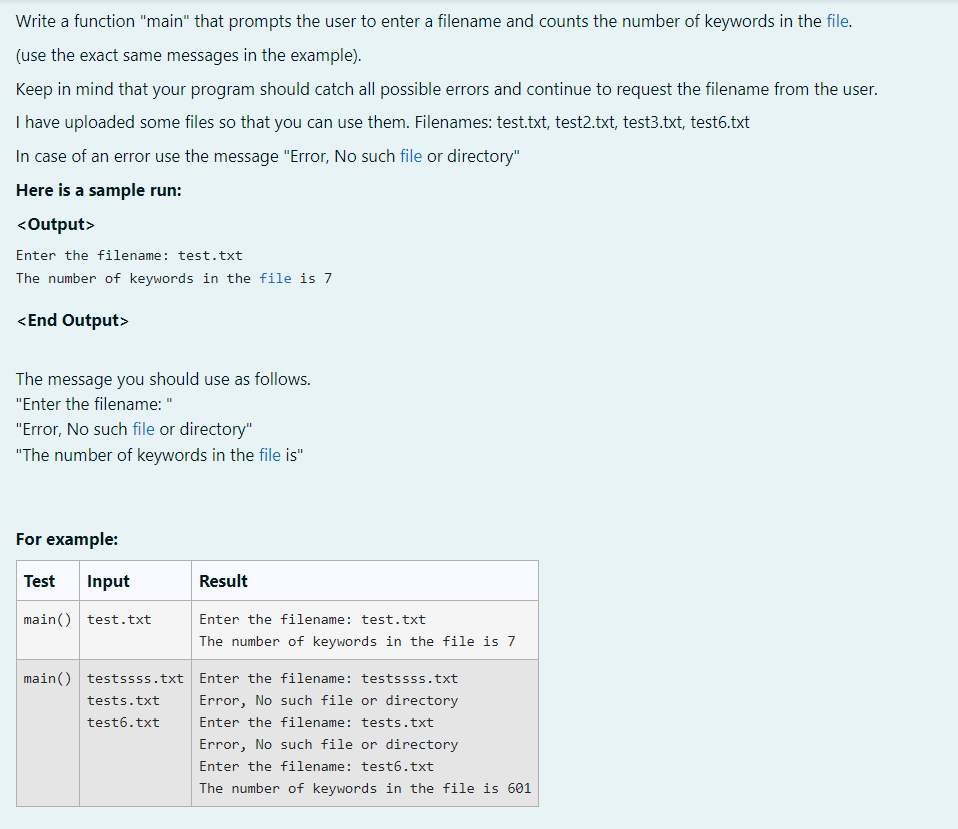 Write A Function Main That Prompts The User To Enter A Filename And Counts The Number Of Keywords In The File Use Th 1