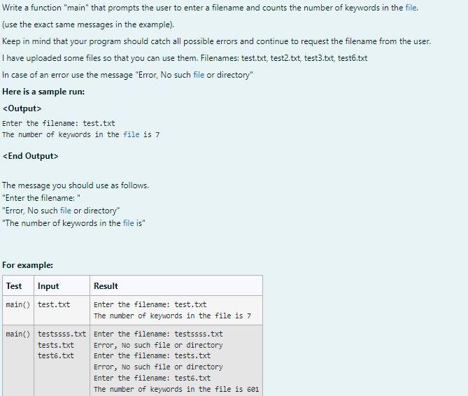 Write A Function Main That Prompts The User To Enter A Filename And Counts The Number Of Keywords In The File Use Th 1