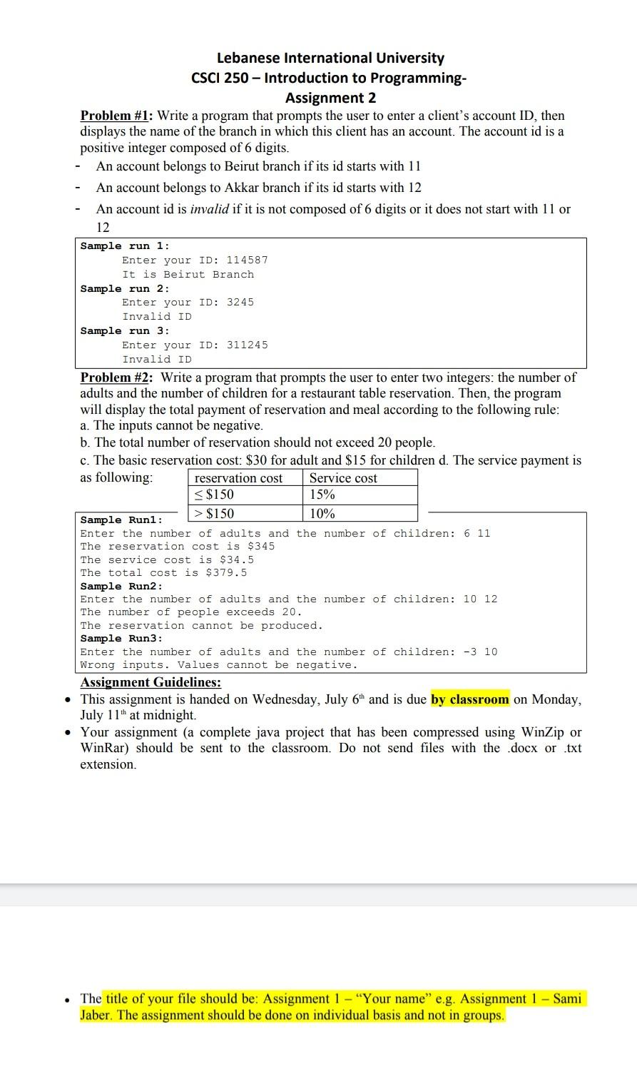 Lebanese International University Csci 250 Introduction To Programming Assignment 2 Problem 1 Write A Program That 1