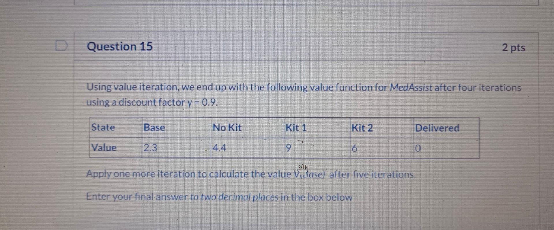 Question 15 Using Value Iteration We End Up With The Following Value Function For Medassist After Four Iterations Using 1