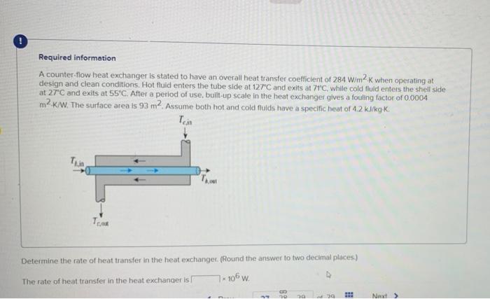 O Required Information A Counter Flow Heat Exchanger Is Stated To Have An Overall Heat Transfer Coefficient Of 284 W M2k 1
