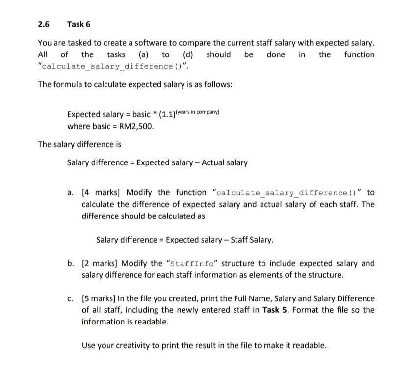 2 6 Task 6 You Are Tasked To Create A Software To Compare The Current Staff Salary With Expected Salary All Of The Task 1