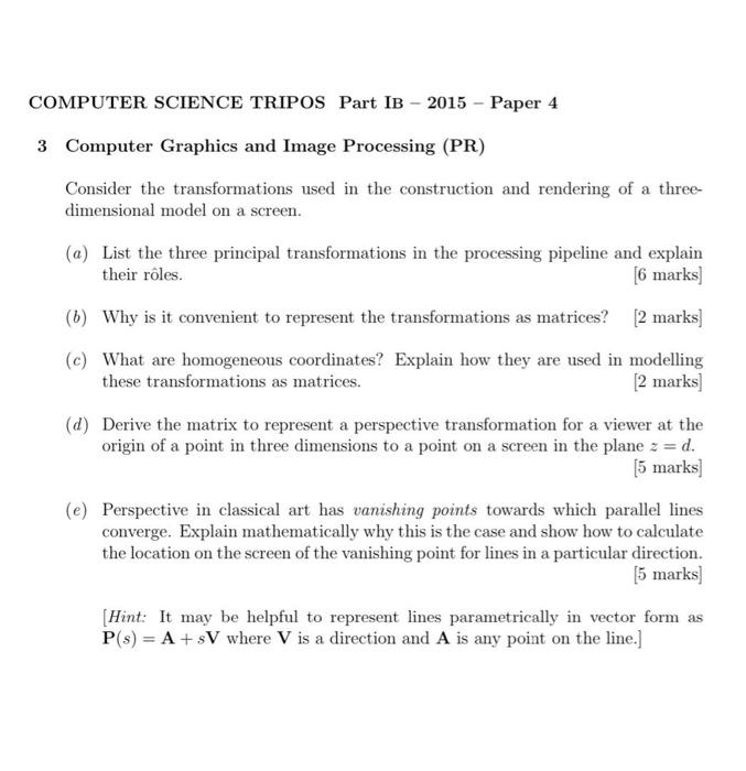Computer Science Tripos Part Ib 2015 Paper 4 3 Computer Graphics And Image Processing Pr Consider The Transformati 1
