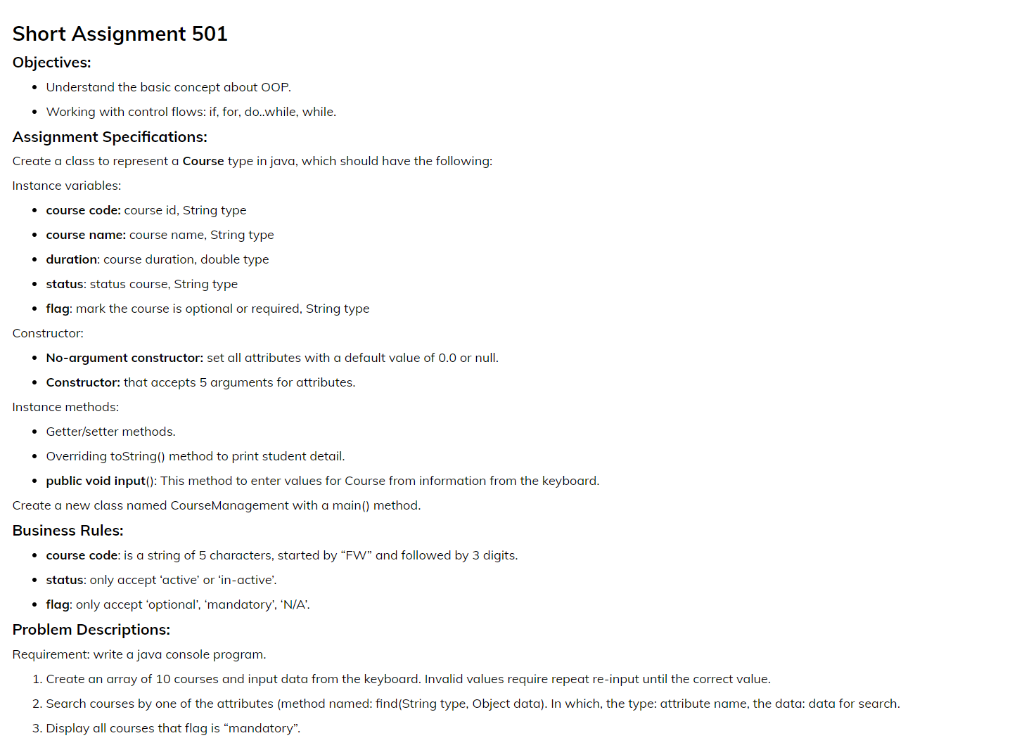 Short Assignment 501 Objectives Understand The Basic Concept About Oop Working With Control Flows If For Do Whil 1